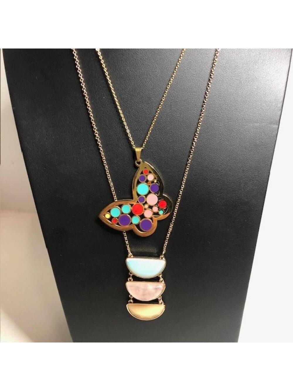 9522 Lot of 2 Colorful Butterfly Pendant & long pendant goldtone Necklace Set
